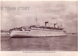 The Queen Elizabeth at her anchorage on the Clyde during the war. 1940's