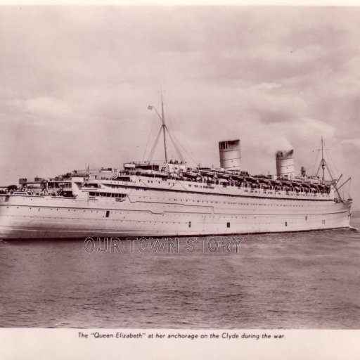 The Queen Elizabeth at her anchorage on the Clyde during the war. 1940's